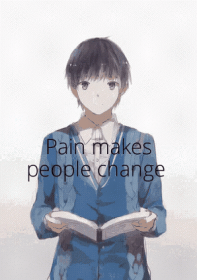A Boy Is Reading A Book With The Words Pain Makes People Change Written Below Him GIF