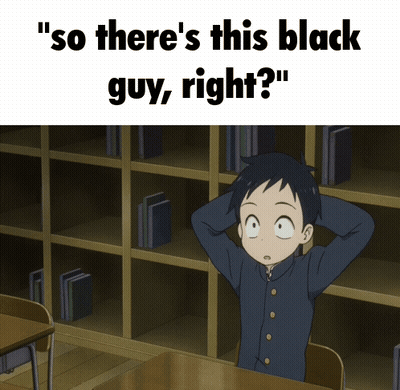 A Boy Is Sitting At A Desk With His Hands On His Head And The Words " So There 'S This Black Guy Right " Below Him GIF