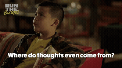 A Boy Is Sitting On A Couch With The Words " Where Do Thoughts Even Come From " GIF