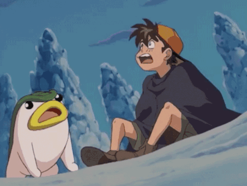 Boy Sitting On Snowy Hill Next To Frog GIF