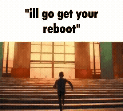 A Boy Is Walking Up A Set Of Stairs With The Words `` Ill Go Get Your Reboot '' . GIF