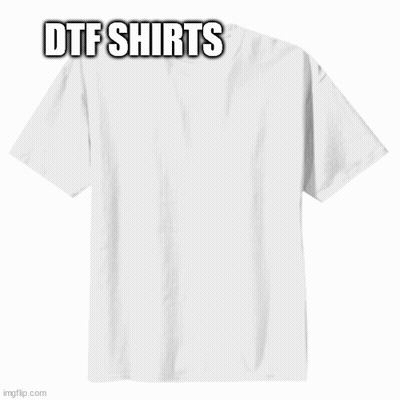 A Boy Is Wearing A Grey T-Shirt With The Words Dtf Shirts Written On It GIF
