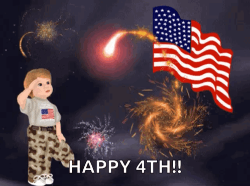 A Boy Salutes In Front Of A Fireworks Display And The Words Happy 4Th GIF