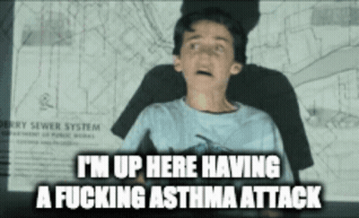 A Boy Sitting In Front Of A Map With The Words I 'M Up Here Having A Fucking Asthma Attack GIF