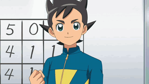 A Boy Stands In Front Of A Board With The Numbers 5 0 4 1 4 GIF