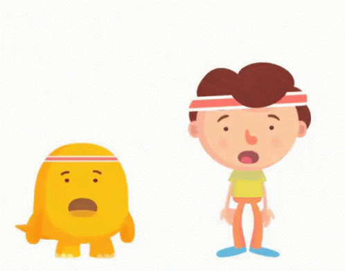 A Boy Wearing A Headband Is Standing Next To A Yellow Monster With A Surprised Face . GIF