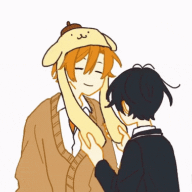 A Boy Wearing A Pompompurin Hat Is Being Touched By Another Boy GIF