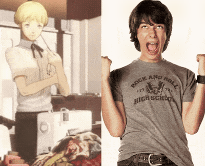 A Boy Wearing A Rock And Roll High School T-Shirt GIF