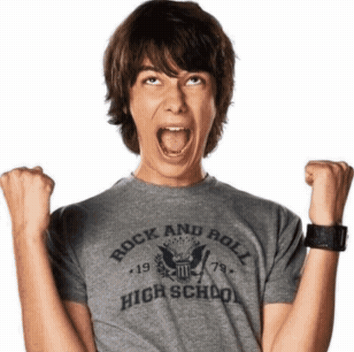 A Boy Wearing A Rock And Roll High School T-Shirt With His Fist In The Air GIF