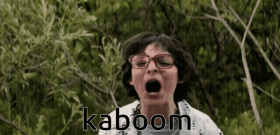 A Boy Wearing Glasses Is Screaming With The Word Kaboom Written On The Bottom GIF
