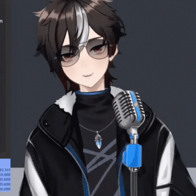 A Boy Wearing Sunglasses And A Black Jacket Is Standing In Front Of A Microphone GIF