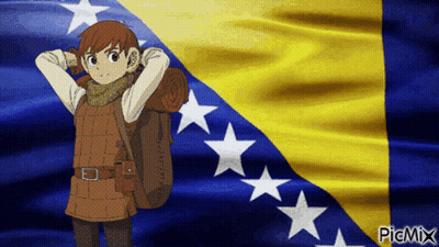 A Boy With A Backpack Stands In Front Of A Flag That Says Picmix On It GIF