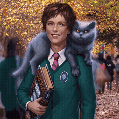 A Boy With A Cat On His Shoulders Holding A Book With A Diamond On It GIF