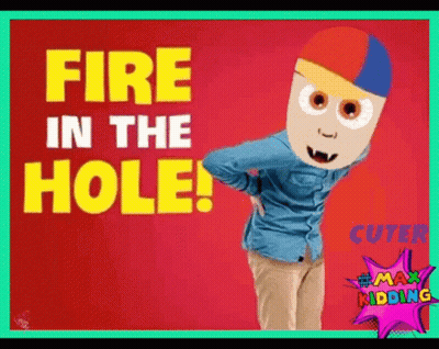 A Boy With A Mask On His Face Is Standing In Front Of A Red Background With The Words Fire In The Hole . GIF