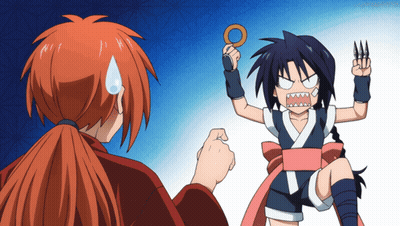 A Boy With A Ponytail Is Standing Next To A Girl Who Is Holding A Pair Of Scissors In Her Hand GIF