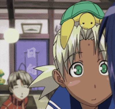 A Boy With A Turtle On His Head Looks At Another Boy GIF