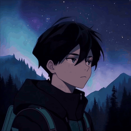 A Boy With Black Hair And A Backpack Stands In Front Of A Mountain GIF
