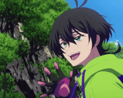 A Boy With Black Hair And Green Eyes Is Wearing A Green Hoodie And A Pink Glove GIF