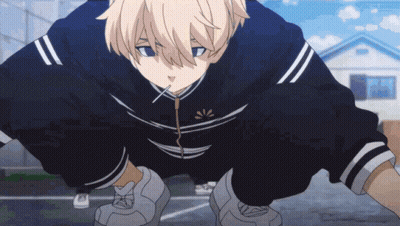 A Boy With Blonde Hair Is Squatting Down With A Straw In His Mouth . GIF