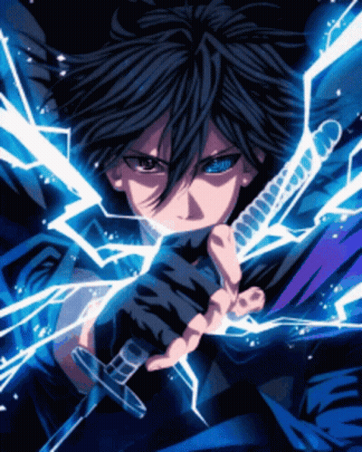 A Boy With Blue Eyes Is Holding A Sword With Lightning Behind Him GIF