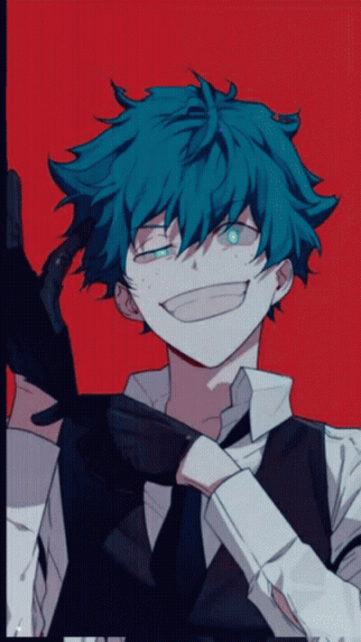 A Boy With Blue Hair And Green Eyes Is Wearing A Black Vest And Tie GIF