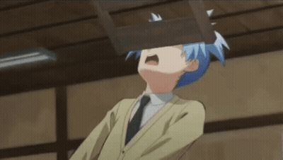 A Boy With Blue Hair Is Covering His Face With A Wooden Box . GIF
