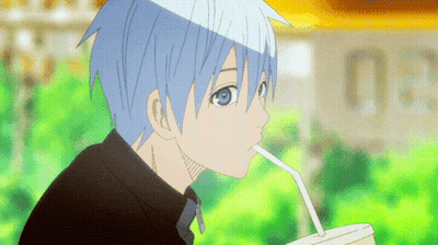 A Boy With Blue Hair Is Drinking Through A Straw From A Cup GIF