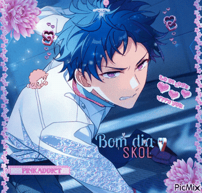 A Boy With Blue Hair Is Surrounded By Pink Flowers And The Words Bom Dia Skol GIF