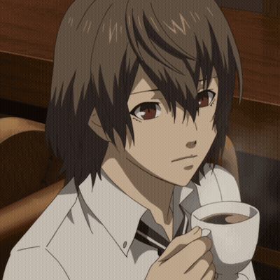 A Boy With Brown Hair Is Holding A Cup Of Coffee In His Hand GIF