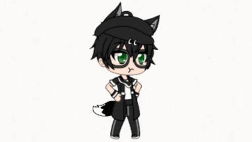 A Boy With Glasses And A Wolf Tail Is Wearing A Black Hat And A Black Jacket . GIF