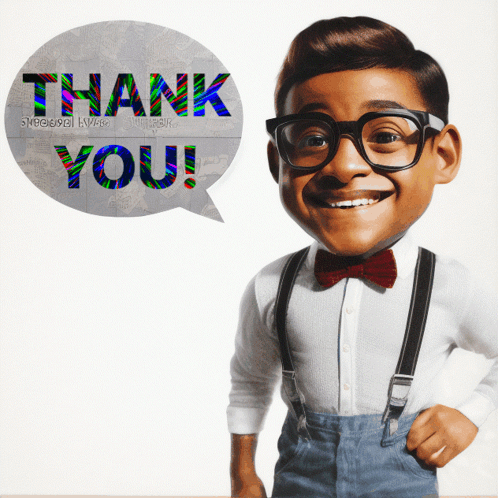 A Boy With Glasses And Suspenders Is Smiling In Front Of A Thank You Speech Bubble GIF