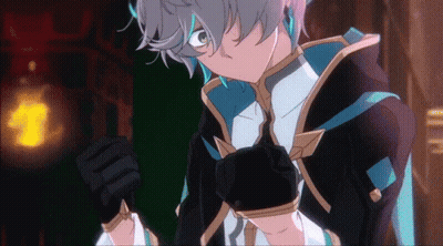 A Boy With Gray Hair And Blue Eyes Is Wearing A Black And Blue Suit GIF
