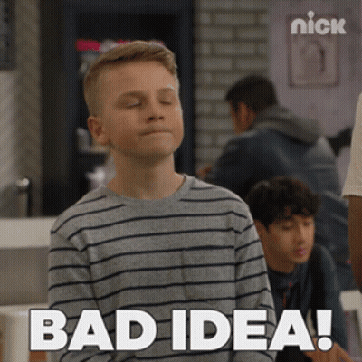 A Boy With His Eyes Closed And The Words Bad Idea Written Below Him GIF