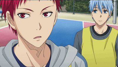 A Boy With Red Hair And A Boy With Blue Hair Are Standing Next To Each Other GIF