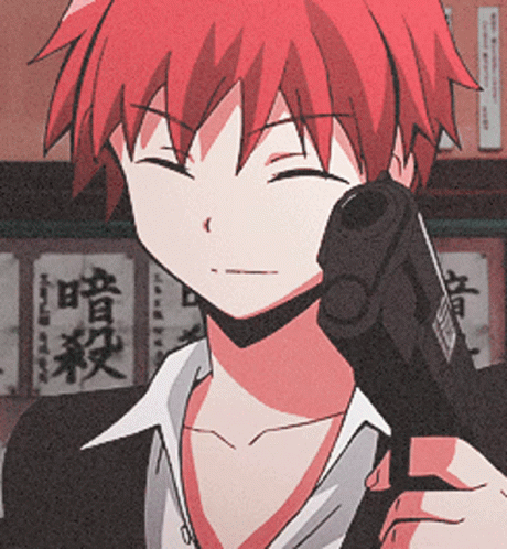 A Boy With Red Hair Is Holding A Gun In Front Of Chinese Writing GIF