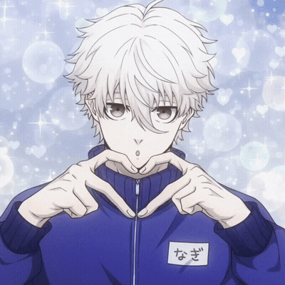 A Boy With White Hair And A Name Tag That Says ' N ' On It Makes A Heart Shape With His Hands GIF