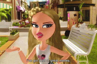 A Bratz Doll Says I 'Ve Got A Lot Of Great Moves In Front Of A Park Bench GIF