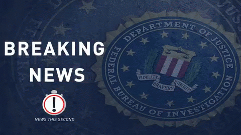 A Breaking News Sign With A Federal Bureau Of Investigation Logo In The Background GIF
