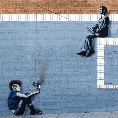 A Brick Wall With A Painting Of A Man Fishing And A Woman Holding A Bottle Of Beer GIF