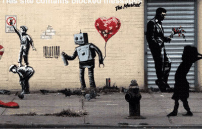 A Brick Wall With A Robot Holding A Heart Shaped Balloon And The Words " This Site Contains Blocked Messages " On It GIF