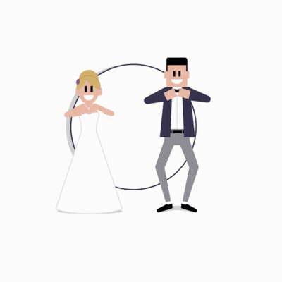A Bride And Groom Are Dancing In Front Of A Wedding Vibes Sign GIF