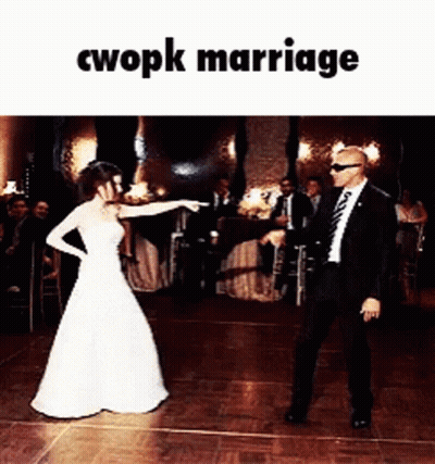 A Bride And Groom Are Dancing On A Dance Floor With The Words Cwopk Marriage Above Them GIF