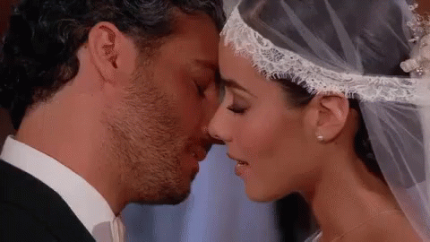 A Bride And Groom Are Kissing On Their Wedding Day . The Bride Is Wearing A Veil . GIF