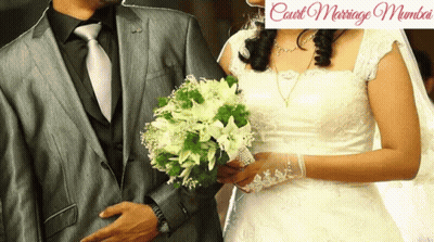 A Bride And Groom Are Standing Next To Each Other With The Words Court Marriage Mumbai In The Corner GIF