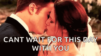 A Bride And Groom Kissing With The Words `` Cant Wait For This Day With You '' Written Below Them . GIF