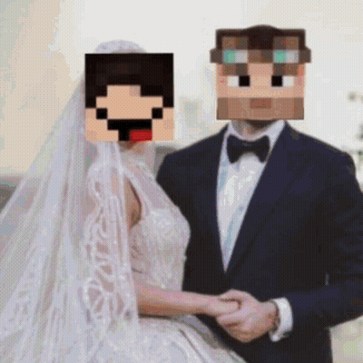 A Bride And Groom With Minecraft Faces On Their Heads GIF