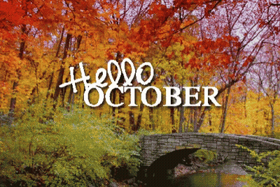 A Bridge In A Forest With The Words Hello October Written On It GIF