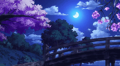 A Bridge With Purple Flowers And A Full Moon GIF