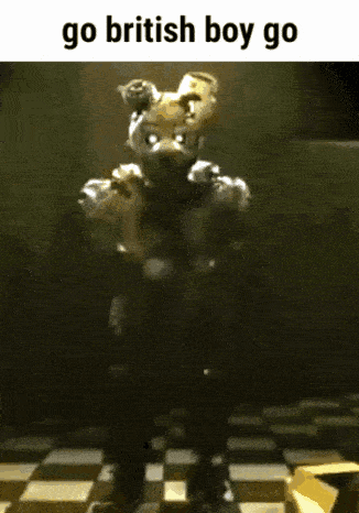 A British Boy Is Standing In A Dark Room With A Checkered Floor GIF