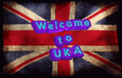 A British Flag With The Words Welcome To Uk Written In Purple GIF